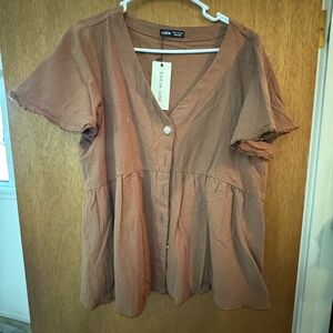 SHEIN Rust Brown V-Neck Babydoll Tunic